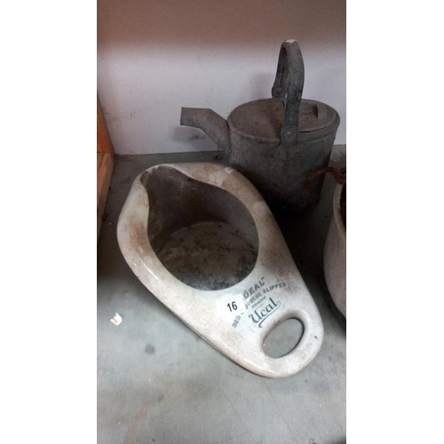 16 - A vintage small galvanised watering can, jam pan, cast iron flat irons & balance scales etc.