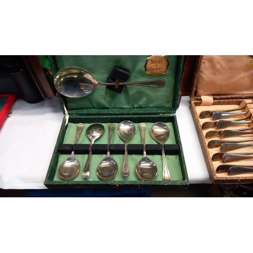 23 - 3 cased sets of cutlery, a cased set (incomplete) & an inlaid box