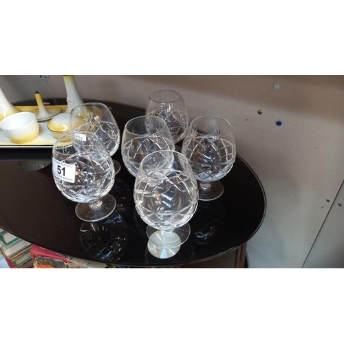 51 - 6 cut glass brandy glasses