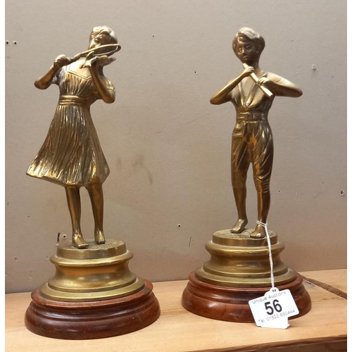 56 - 2 brass figures playing violin & flute on wooden bases