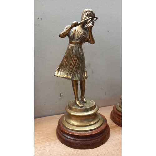 56 - 2 brass figures playing violin & flute on wooden bases