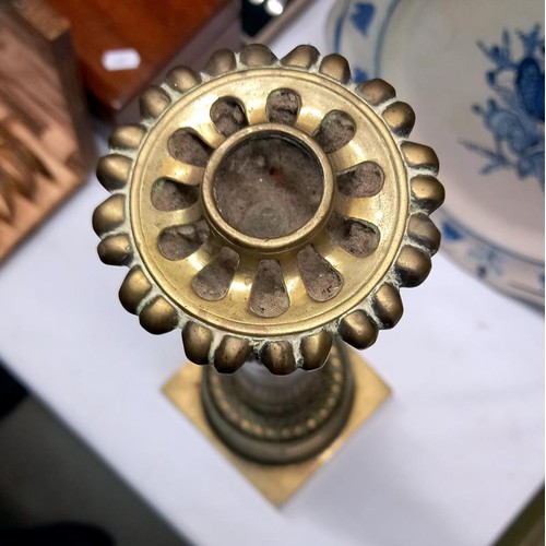 70 - A Victorian brass oil lamp column, cut glass drop in font & 2 chimneys