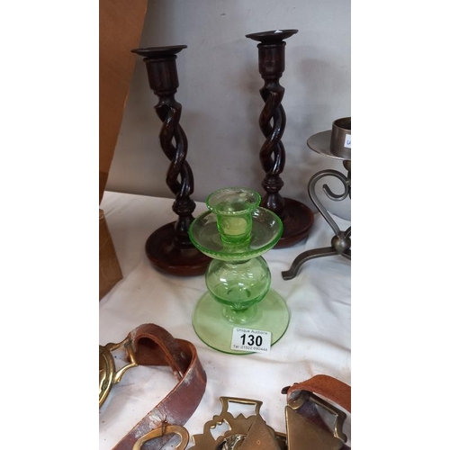 130 - A pair of 1930's oak barley twist candlesticks, a pair of serpent candlesticks & 3 others