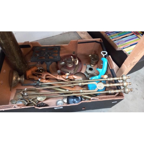 95 - A box of brassware including a set of fire irons, brass needle case & shell case etc. COLLECT ONLY