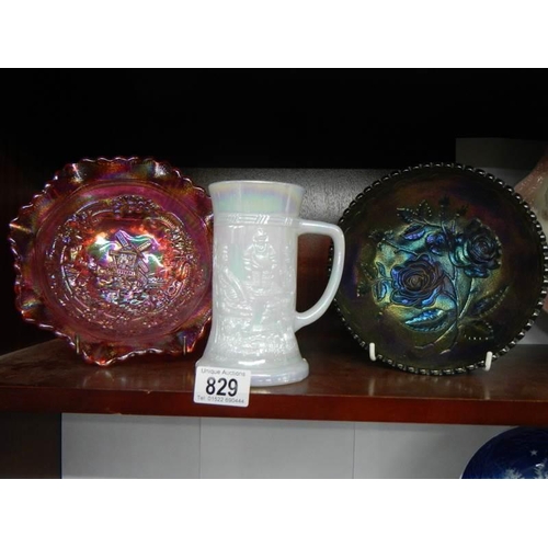 829 - Two carnival glass dishes and a white glass tankard.