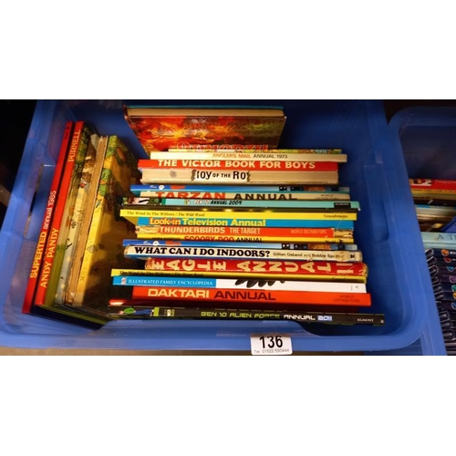 136 - 2 boxes of children's annuals and books including Tarzan, Stingray, Eagle etc COLLECT ONLY