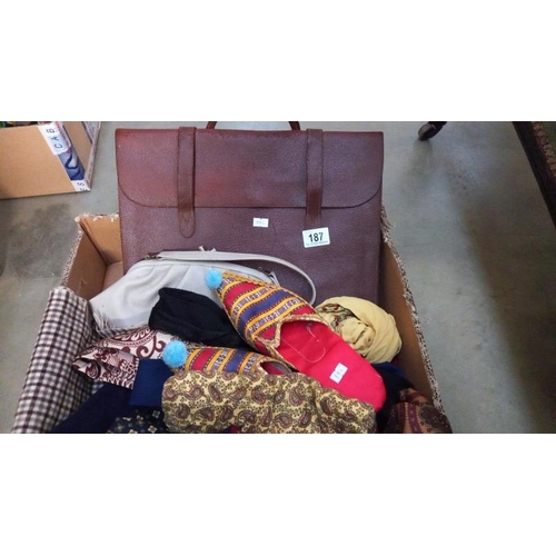 187 - A box of vintage scarves, Ali Baba slippers, 2 bags etc