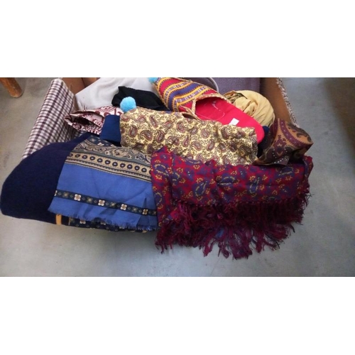 187 - A box of vintage scarves, Ali Baba slippers, 2 bags etc