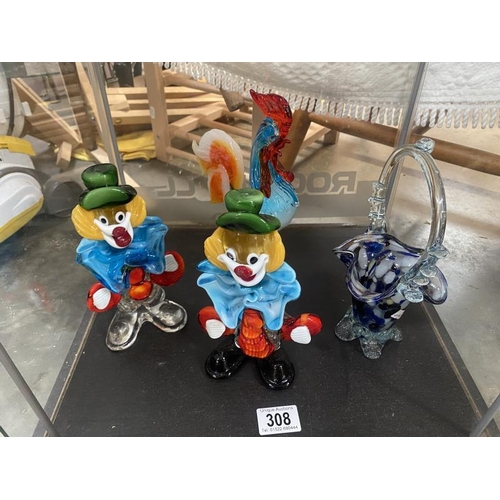 308 - 2 murano glass clowns and other glassware