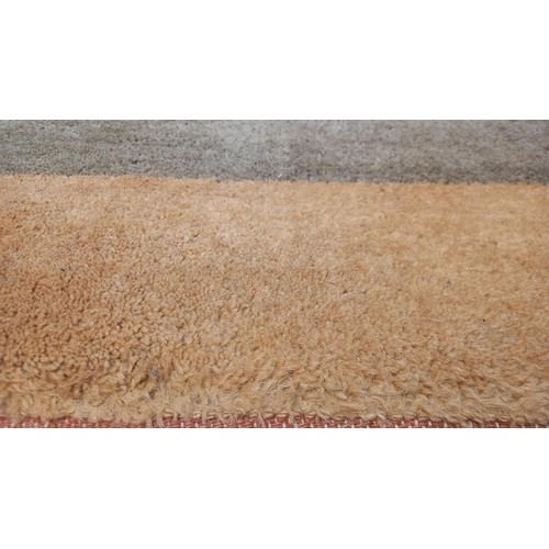 345 - A thick pile tan, salmon pink & green striped rug - 235cm x 149cm. COLLECT ONLY