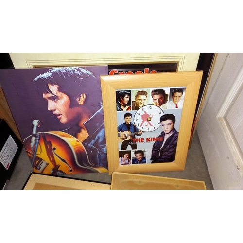 100A - A collection of Elvis Presley drawings, prints, clocks, montages & framed & glazed records etc.