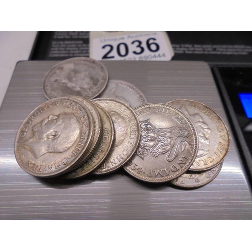 2036 - Approximately 50 grams of silver shillings, Victoria and George V.