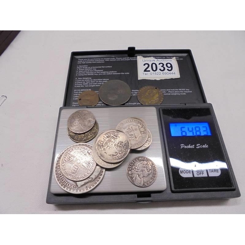 2039 - A quantity of George II/III/IV silver coins (64 grams) and three other George III coins.