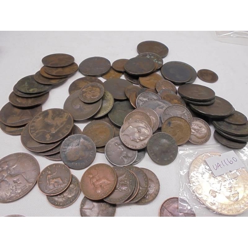 2041 - A mixed lot of copper coins etc., including Birmingham half penny.