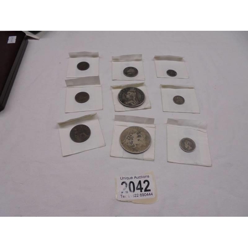 2042 - Six Victoria and George IV silver coins, two farthings and a halfpenny.