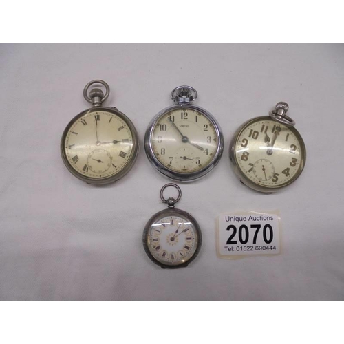 2070 - A Victorian silver fob watch and three vintage pocket watches.