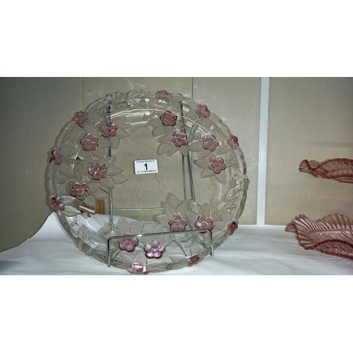 1 - A 1930s Pink Glass Cake Stand with Crome Fittings and Large Glass Dish