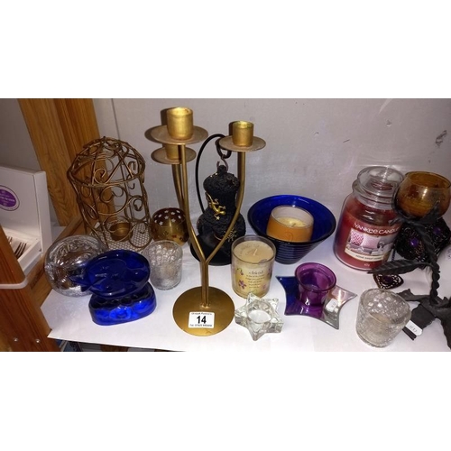 14 - A shelf of Candle Holders and Candles including Yankee