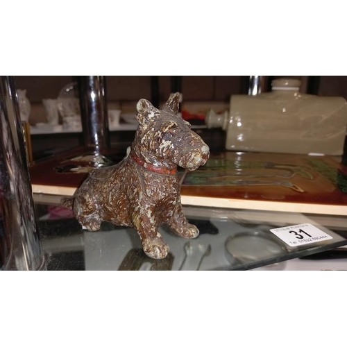 31 - A Scotty Dog Metal Figure Possibly Ink Well / Ashtray. A stoneware hot water bottle and two enamel T... 