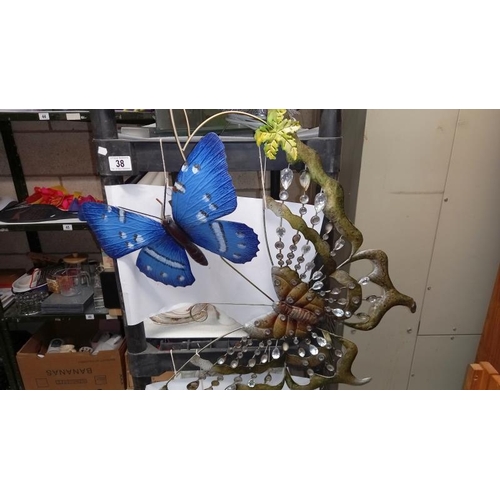 38 - Four Pressed Metal Butterfly Garden Wall Hangings, 2 with Jewelled Decorations