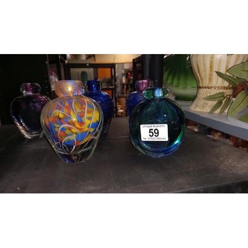 59 - A Selection of 7 Coloured Art Glass Bud Vases