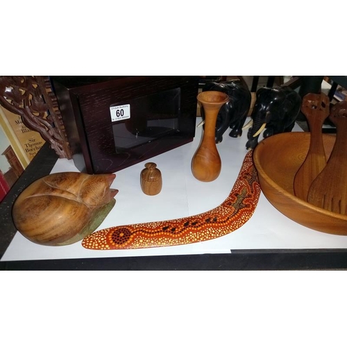 60 - A Pair of Carved Ebony Elephants Salad Serving Bowls and Tools, Boomerang etc