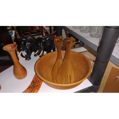 60 - A Pair of Carved Ebony Elephants Salad Serving Bowls and Tools, Boomerang etc