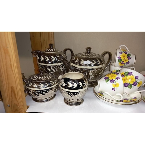 7 - A Sadler Silver Plated China Tea Set and Royal Vale and Diamond Floral Cups and Saucers