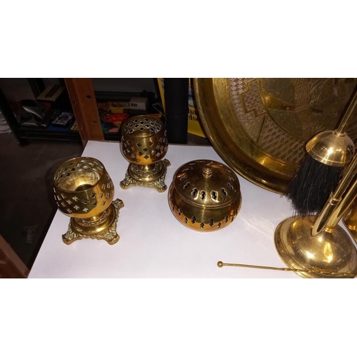 76 - A Selection of Brass Including Large Tray, Companion Set, Candlesticks & Kettle etc