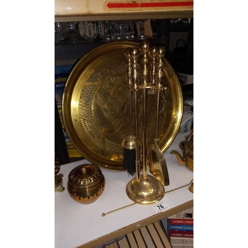 76 - A Selection of Brass Including Large Tray, Companion Set, Candlesticks & Kettle etc