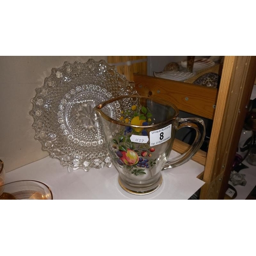 8 - A Set of Six Gilded Glass Fruit Bowls, a fruit decorated water jug and a glass plate.