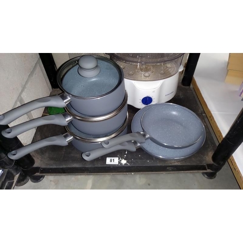 81 - A set of 3 Saucepans with Lids and 2 Frying Pans - all new and a steamer.