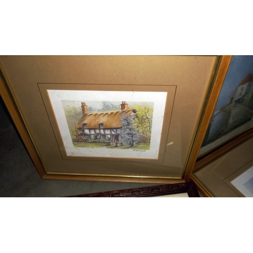 91 - A Framed Watercolour Possibly Venice and 3 Prints of Cottages and Church