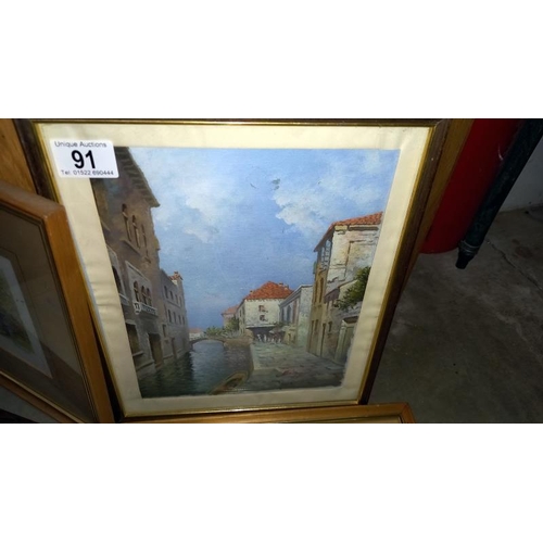 91 - A Framed Watercolour Possibly Venice and 3 Prints of Cottages and Church