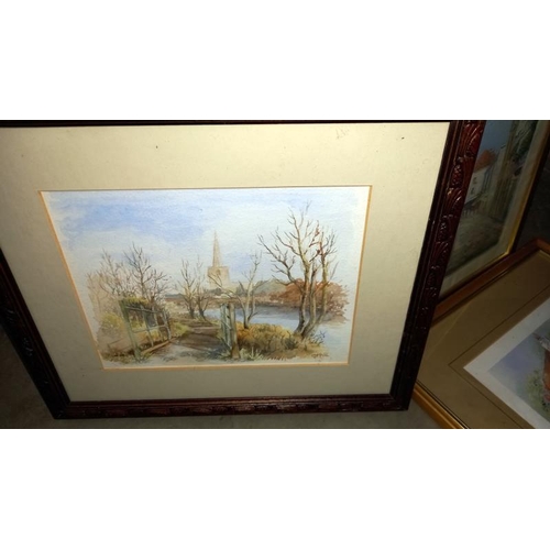 91 - A Framed Watercolour Possibly Venice and 3 Prints of Cottages and Church