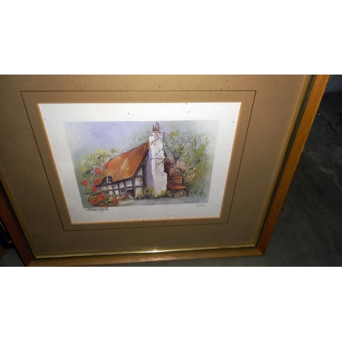 91 - A Framed Watercolour Possibly Venice and 3 Prints of Cottages and Church