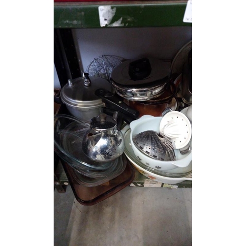 104 - A Shelf of kitchenalia Including Enamel Rotary Pot etc