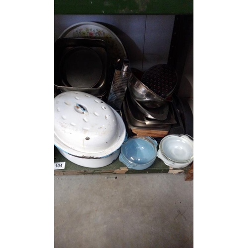 104 - A Shelf of kitchenalia Including Enamel Rotary Pot etc