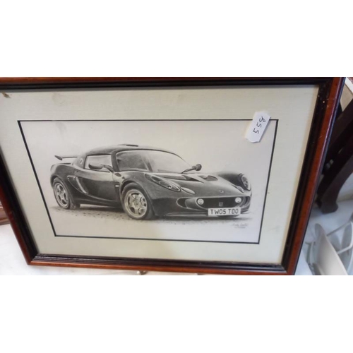 147 - 2 framed Lotus Exige prints and a Jim Clark museum exhibition print