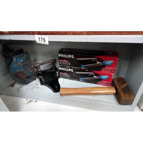 176 - 2 shelves of old tools including industrial stapler & vice etc.