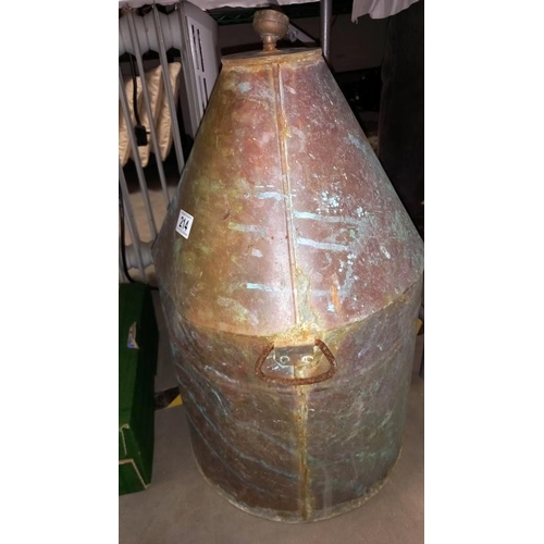 214 - An early 20th Century brass conical oil can  H58cm D36cm