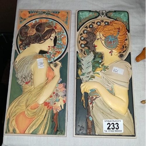 233 - 2 art Deco themed wall Plaques 28/12cm Signed Muccha99