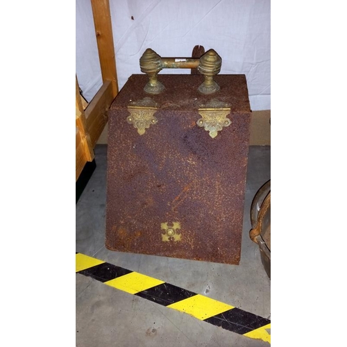 236 - 2  brass Jam pans, 2 early 20th century brass shelf brackets and a brass and iron coal box