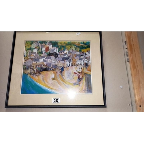 257 - 2 framed postcard size Montage's and a print of a fishing village