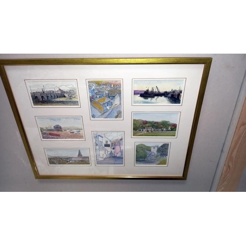 257 - 2 framed postcard size Montage's and a print of a fishing village