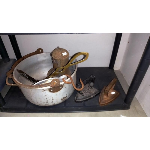 314 - A vintage small galvanised watering can, jam pan, cast iron flat irons & balance scales etc.