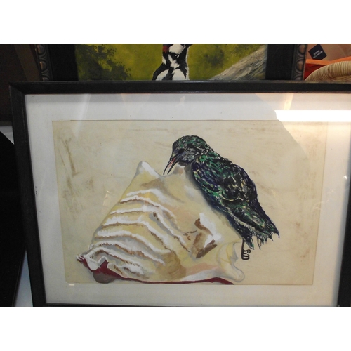 1149 - Oil on board of a great spotted woodpecker and a watercolour of one other