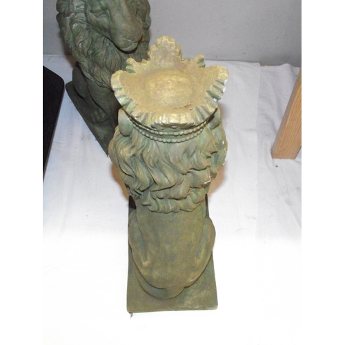 1178 - A pair of green verdigree cement garden lions height 36cm COLLECT ONLY