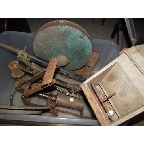 1102 - A box of metalware including cast iron, shoe lasts, brass bilge pump, dunlop junior foot pump, galva... 