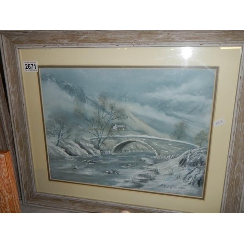 2671 - A framed and glazed watercolour bridge scene signed B McDermott. COLLECT ONLY.